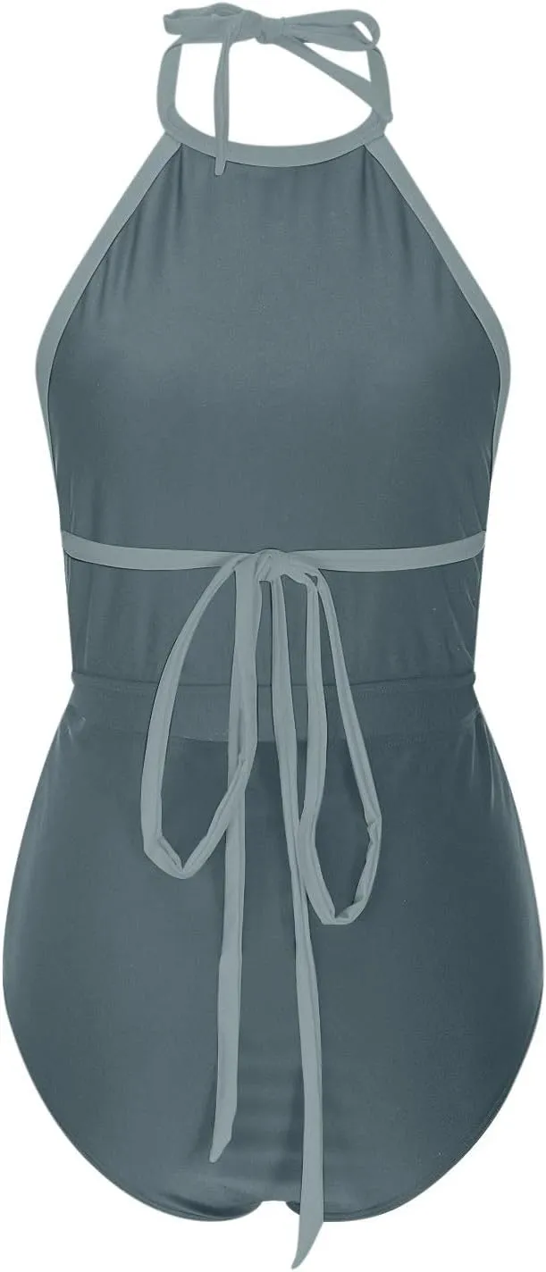 Women Color Block One Piece Swimsuit Tummy Control Swimwear Halter Neck Tie Backless Bathing Suit Sexy Swim Suits