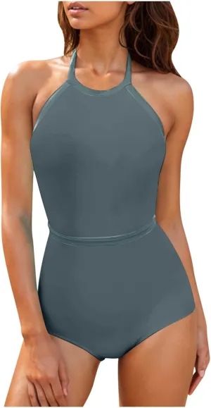 Women Color Block One Piece Swimsuit Tummy Control Swimwear Halter Neck Tie Backless Bathing Suit Sexy Swim Suits