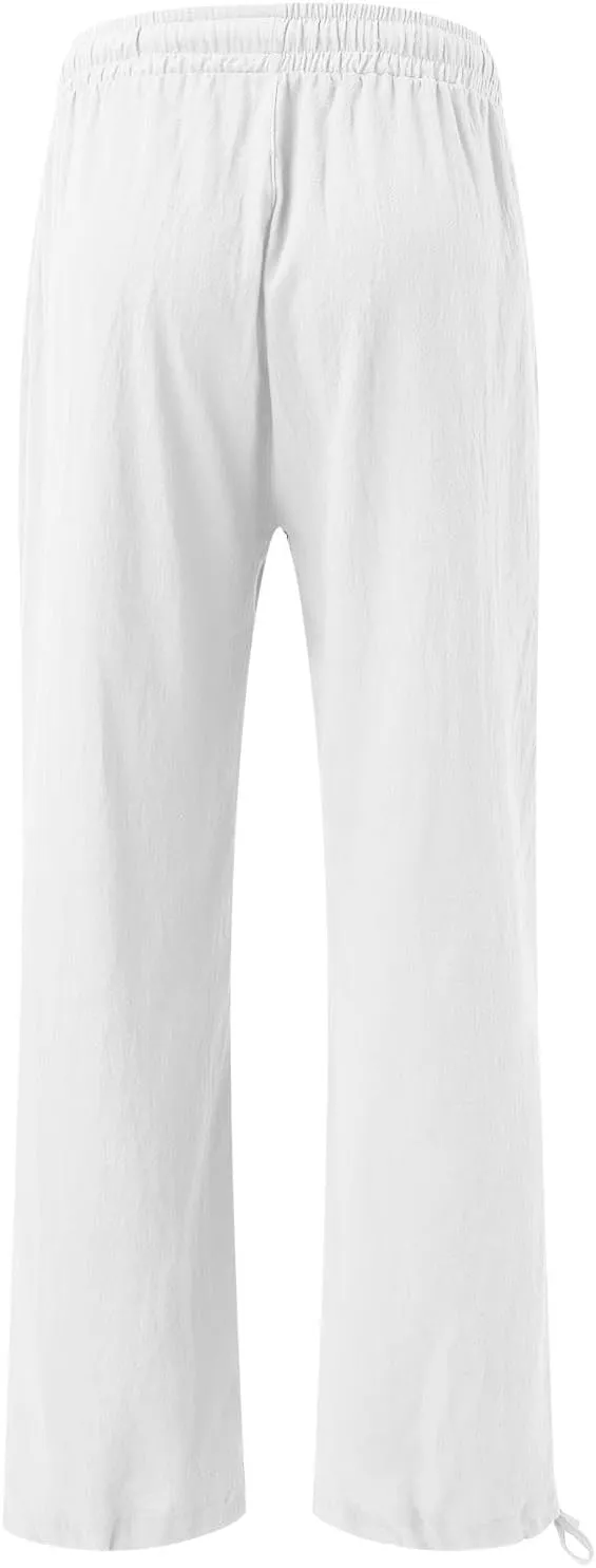 Women Linen Pants Summer Wide Leg Pants Casual Beach Pants with Pockets Elastic Palazzo Pants Boho Flowy Pants
