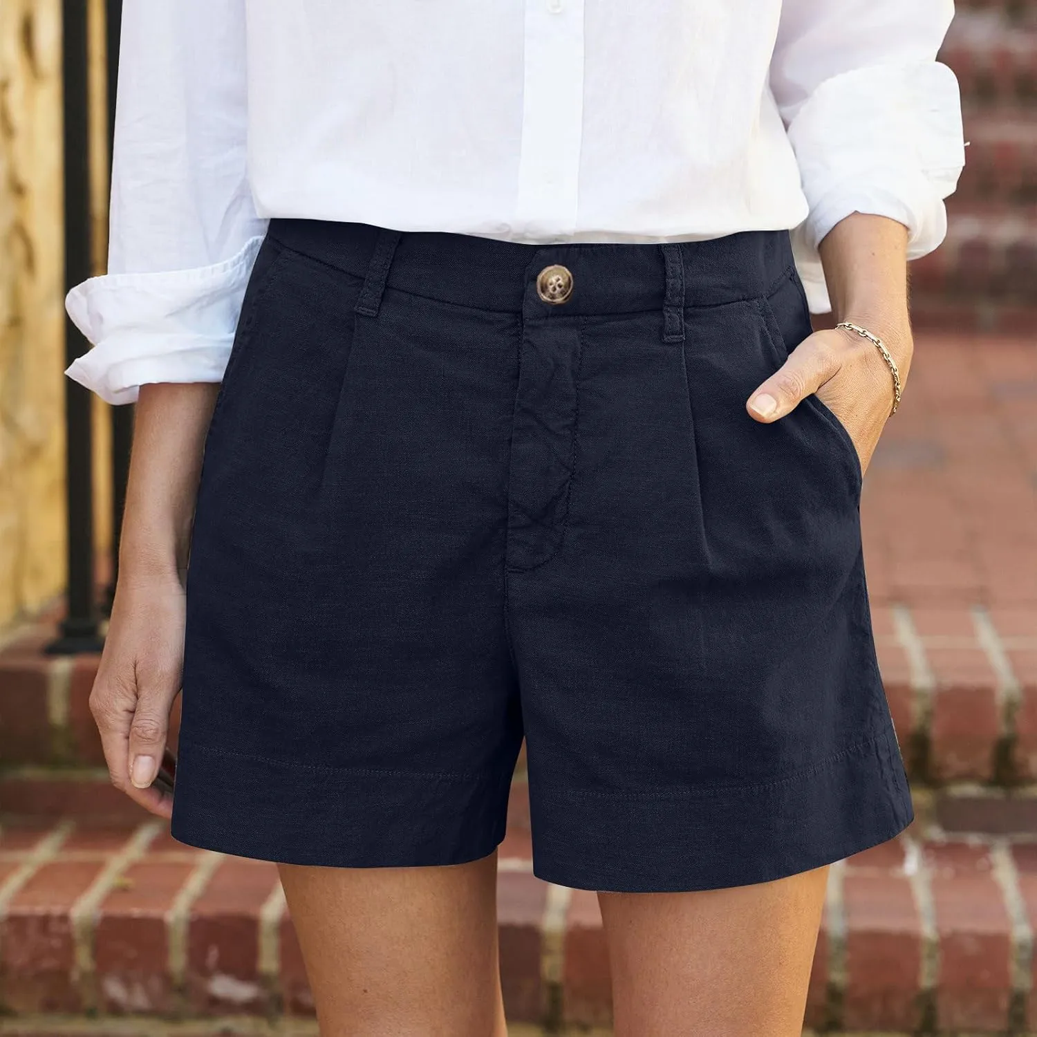 Women Linen Shorts Summer Casual Chino Shorts High Waisted Bermuda Shorts Dressy Wide Leg Shorts with Pockets