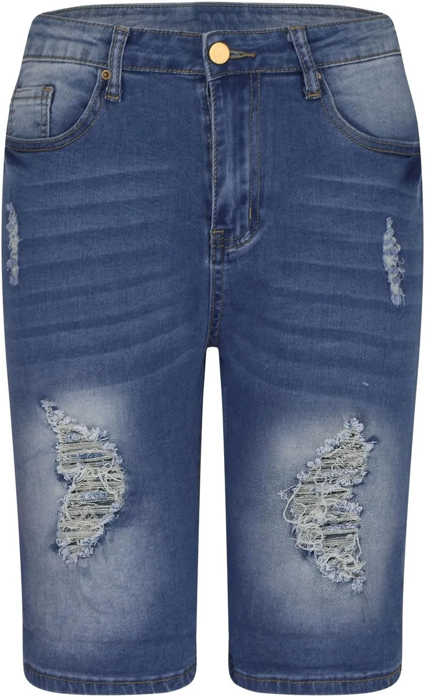Women Ripped Jean Shorts High Waisted Button Shorts with Pockets Folded Hem Denim Shorts Summer Casual Jeans Shorts