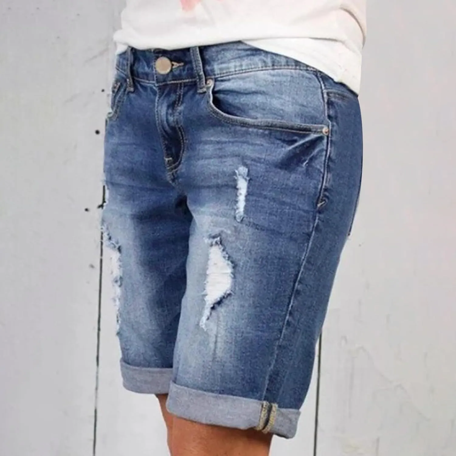 Women Ripped Jean Shorts High Waisted Button Shorts with Pockets Folded Hem Denim Shorts Summer Casual Jeans Shorts