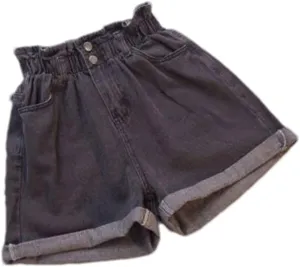 Women Ruffles Denim Shorts Elastic Waist Wide Leg Shorts A-Line Hot Pants High Waisted Shorts Jean Shorts