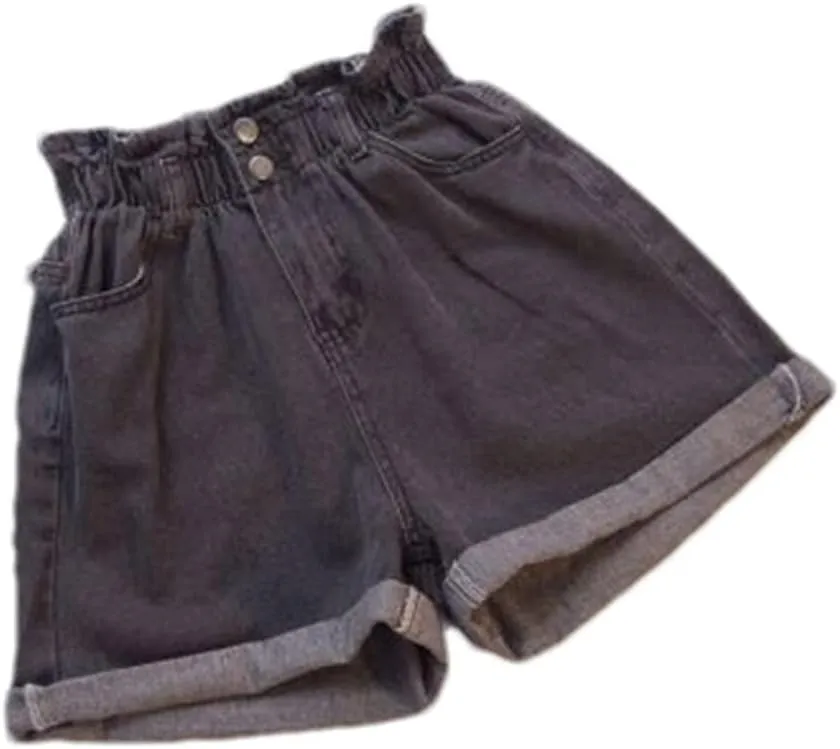 Women Ruffles Denim Shorts Elastic Waist Wide Leg Shorts A-Line Hot Pants High Waisted Shorts Jean Shorts