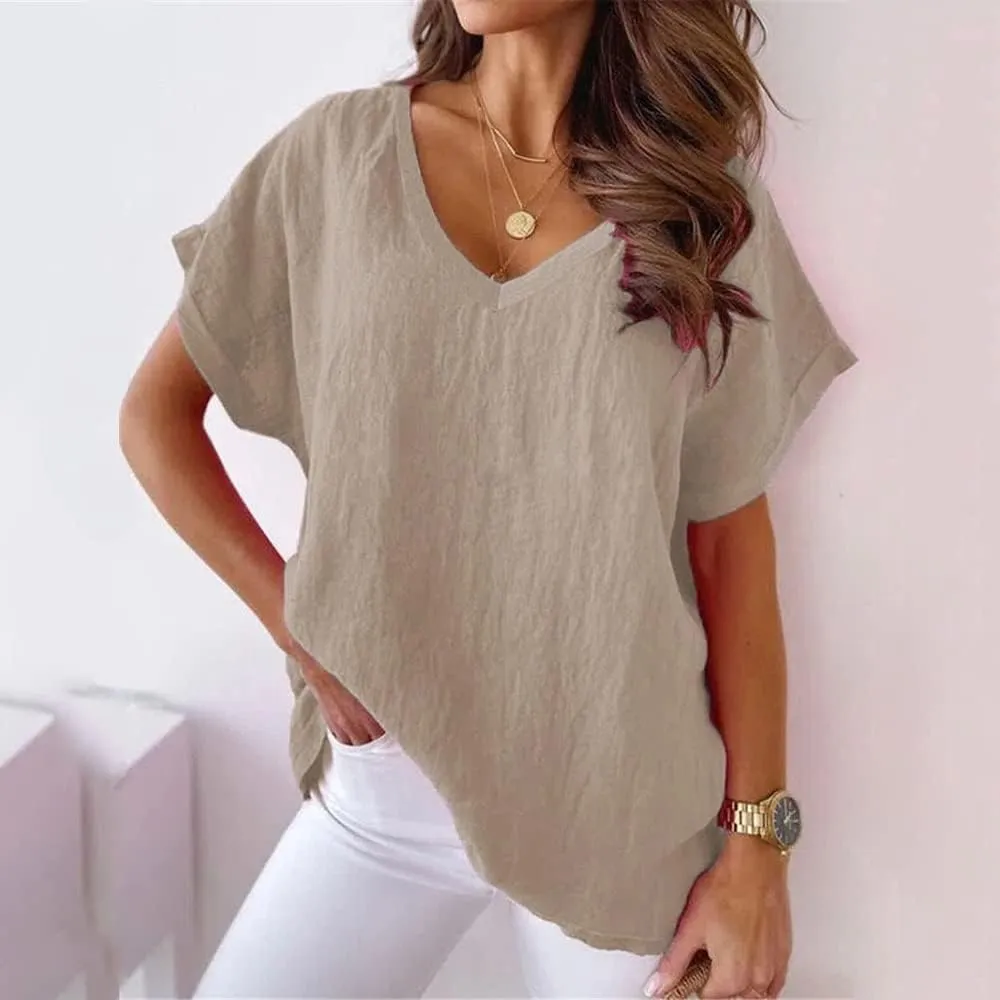 Women Solid Color Cotton Linen V-Neck Batwing Loose Summer Top Short Sleeve Oversized T-Shirt