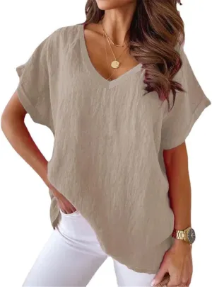 Women Solid Color Cotton Linen V-Neck Batwing Loose Summer Top Short Sleeve Oversized T-Shirt
