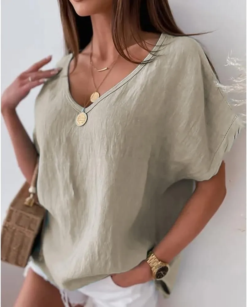 Women Solid Color Cotton Linen V-Neck Batwing Loose Summer Top Short Sleeve Oversized T-Shirt