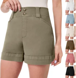 Women Stretch Twill Shorts Casual High Waisted Summer Shorts Folded Hem Chino Shorts Bermuda Shorts with Pockets