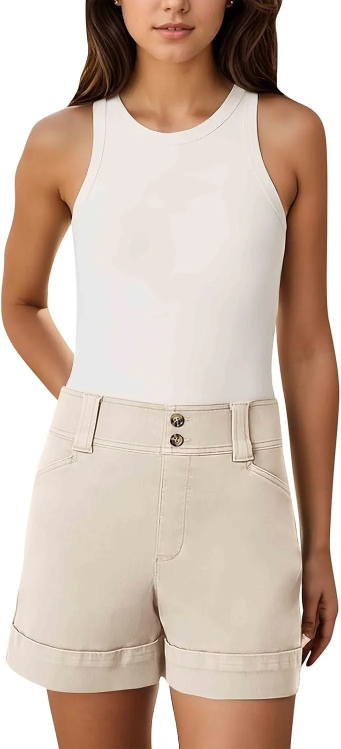 Women Stretch Twill Shorts Casual High Waisted Summer Shorts Folded Hem Chino Shorts Bermuda Shorts with Pockets