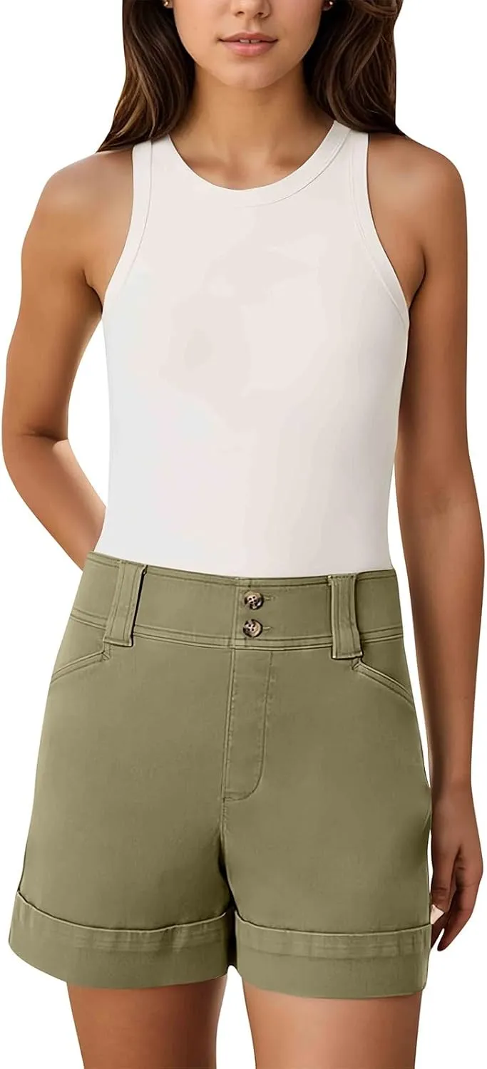 Women Stretch Twill Shorts Casual High Waisted Summer Shorts Folded Hem Chino Shorts Bermuda Shorts with Pockets
