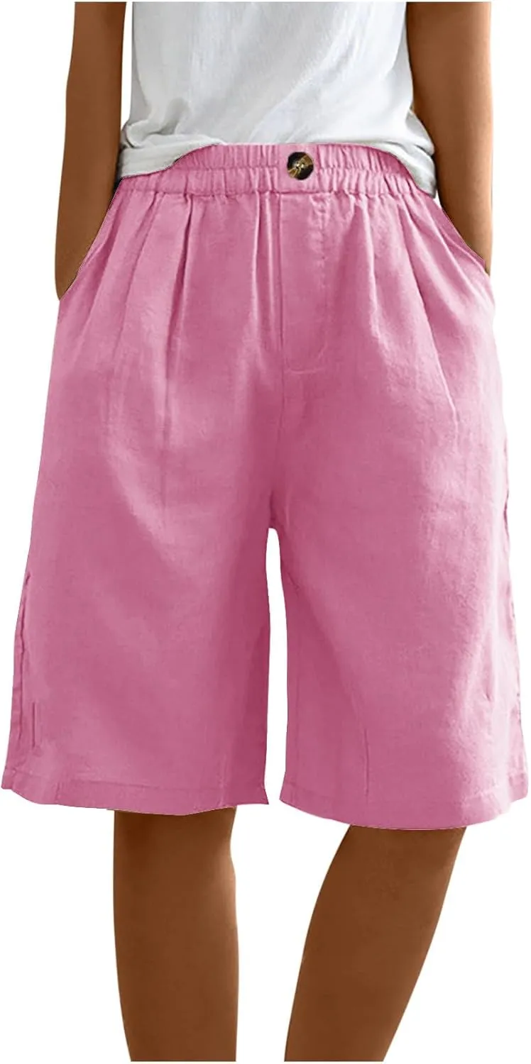 Women Summer Cotton Linen Bermuda Shorts Elastic Waist Wide Leg Shorts Loose Knee Length Shorts Casual Beach Shorts