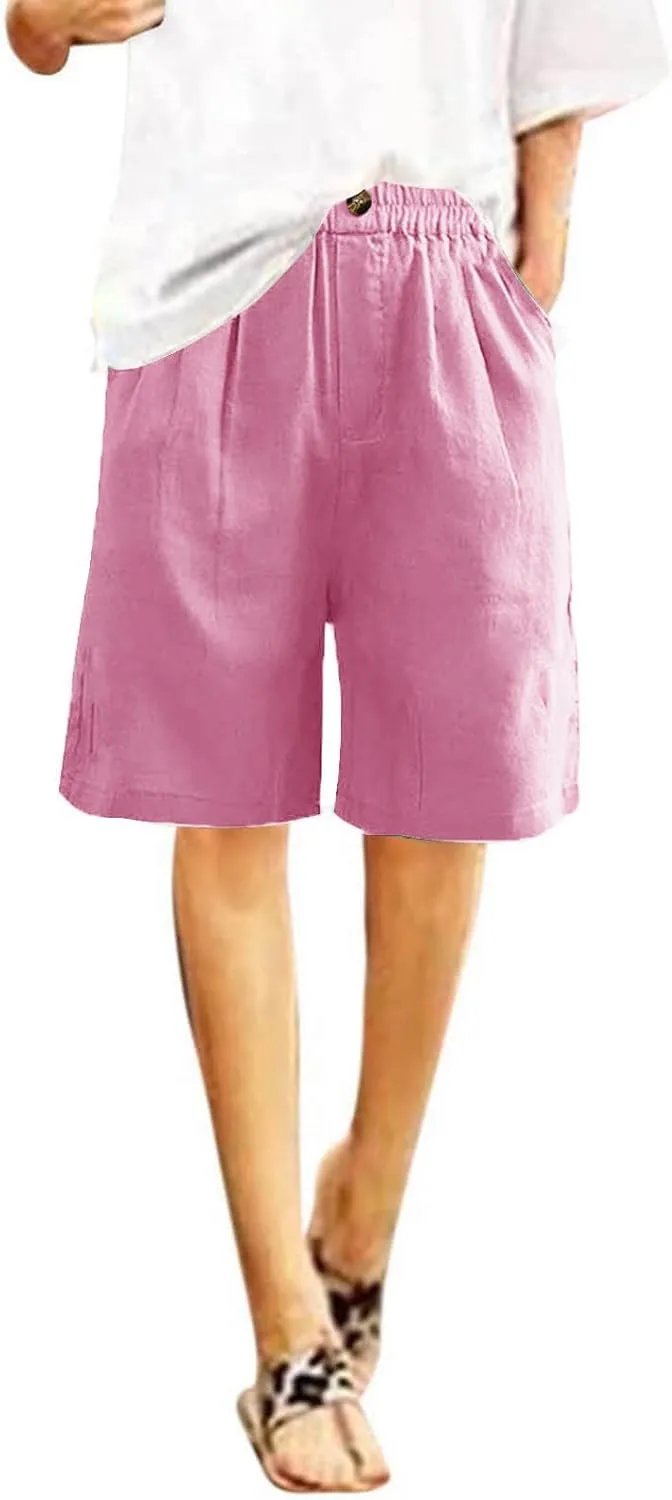 Women Summer Cotton Linen Bermuda Shorts Elastic Waist Wide Leg Shorts Loose Knee Length Shorts Casual Beach Shorts