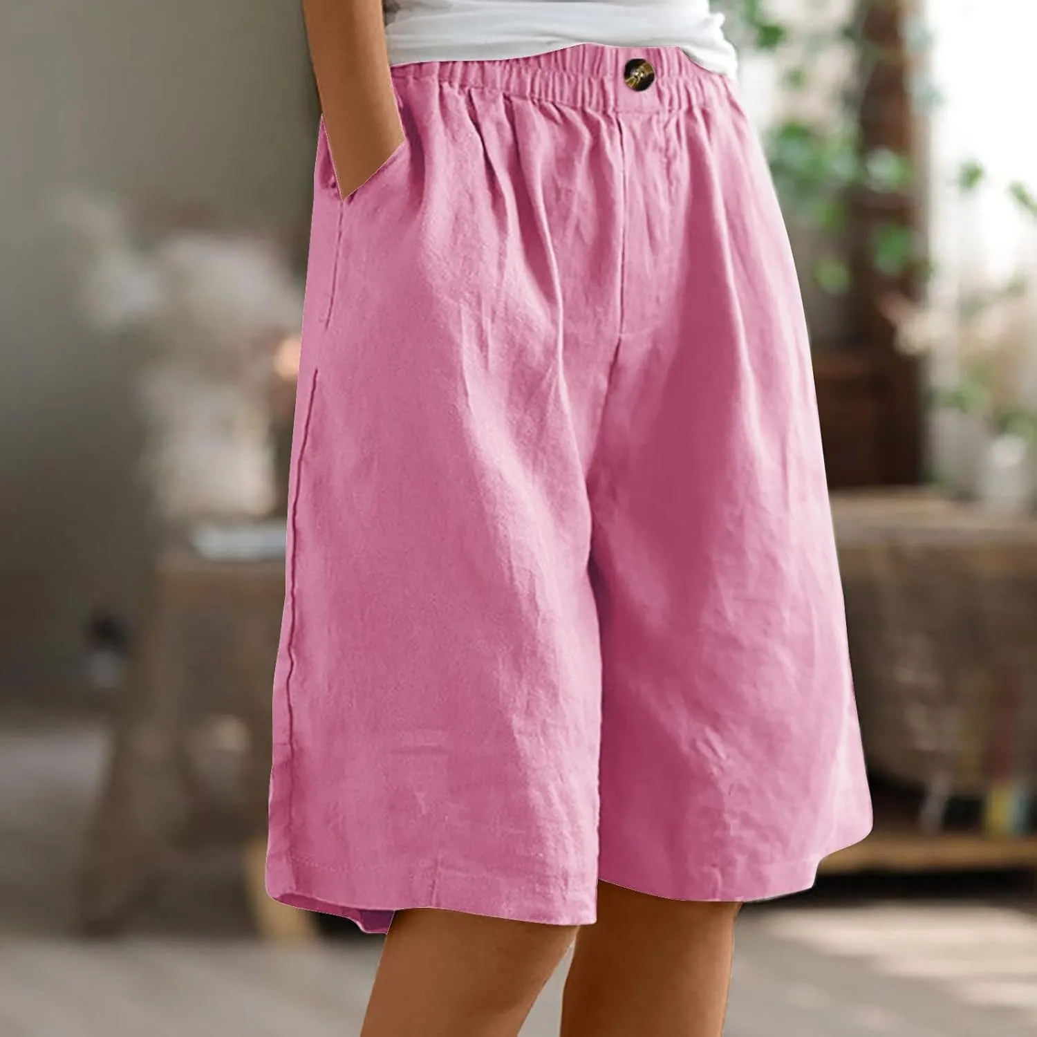 Women Summer Cotton Linen Bermuda Shorts Elastic Waist Wide Leg Shorts Loose Knee Length Shorts Casual Beach Shorts