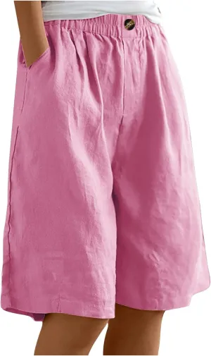 Women Summer Cotton Linen Bermuda Shorts Elastic Waist Wide Leg Shorts Loose Knee Length Shorts Casual Beach Shorts