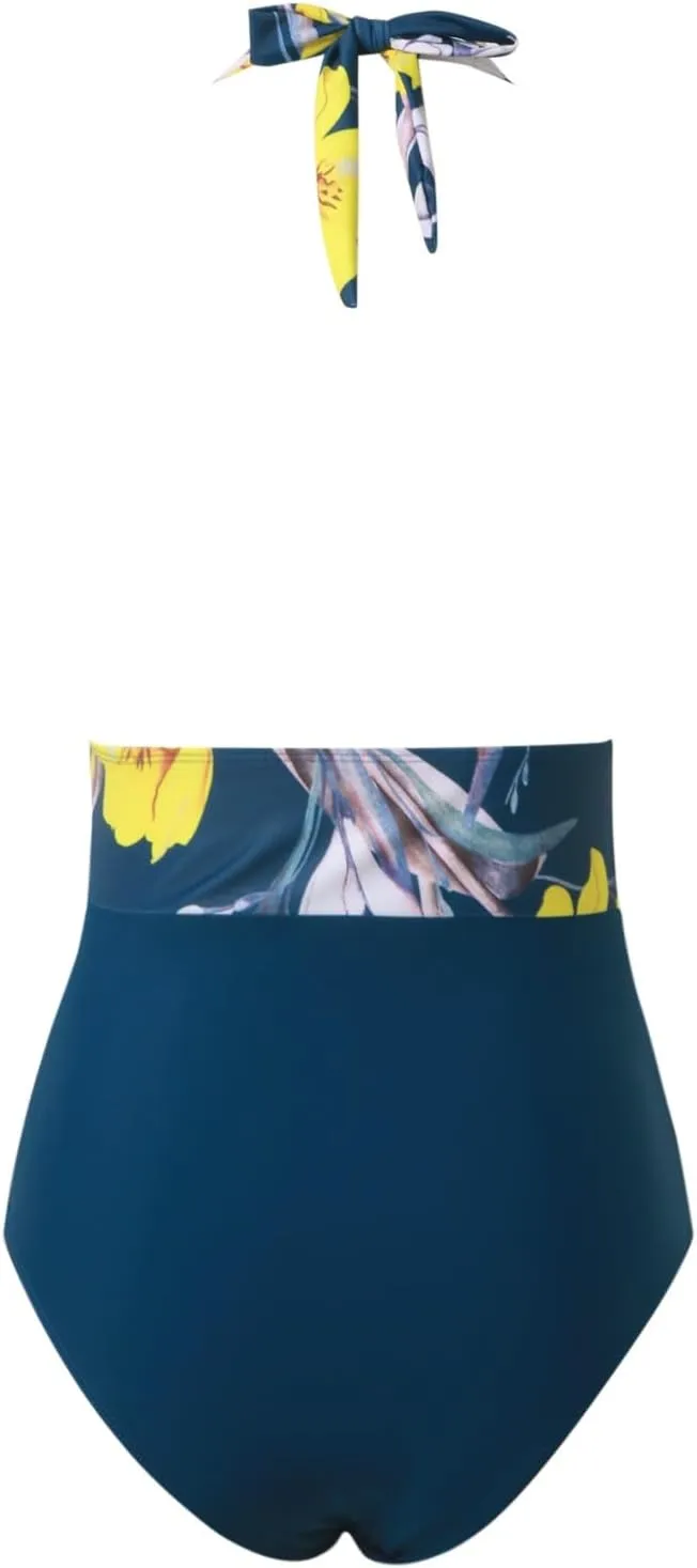 Women V Neck One Piece Swimsuit Halter Backless Ruched Tummy Control Bathing Suit High Waisted Swimwear