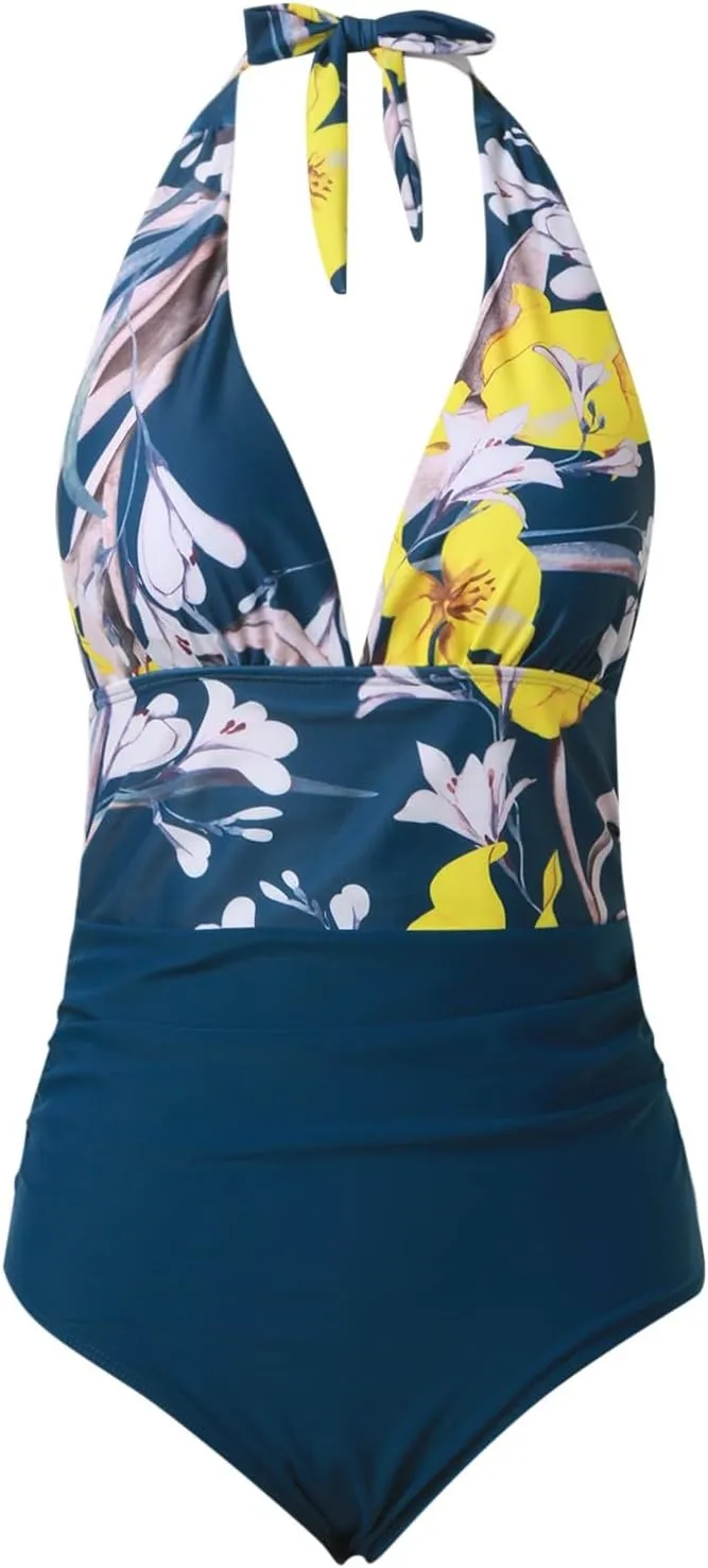Women V Neck One Piece Swimsuit Halter Backless Ruched Tummy Control Bathing Suit High Waisted Swimwear