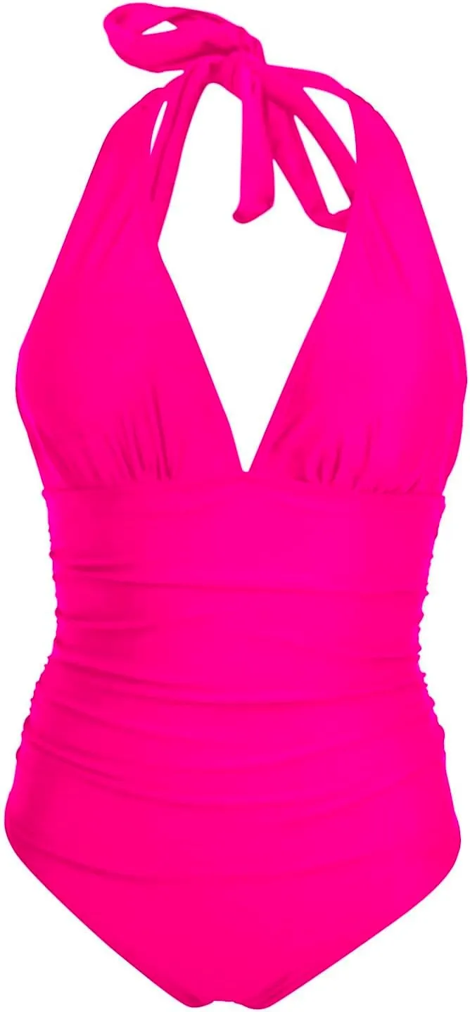 Women V Neck Swimsuit Halter Backless Ruched Tummy Control Bathing Suit One Piece Push up Swimsuits Top