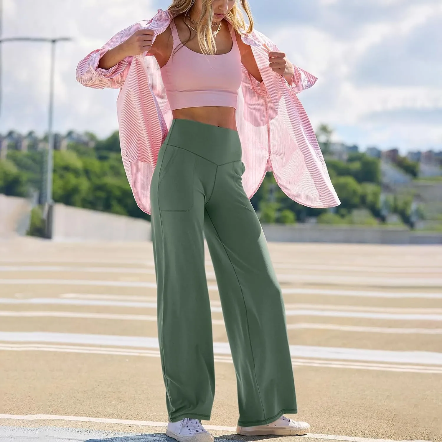 Women Yoga Pants Casual Comfy Wide Leg Pants Stretch High Waisted Lounge Pants Straight Leg Sweatpants with Pockets