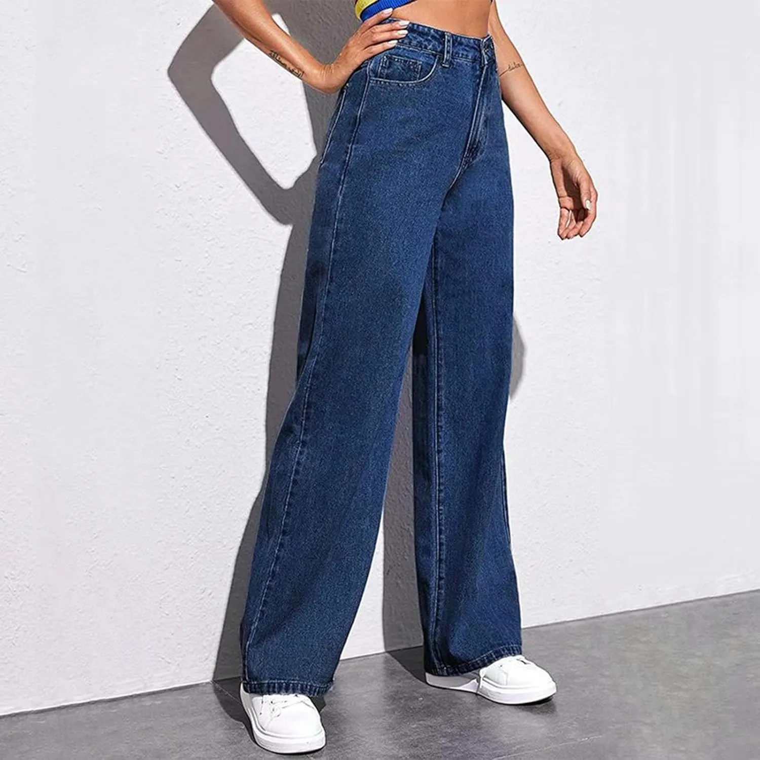 Women's Boyfriend Straight Leg Jeans High Rise Wide Leg Baggy Stretchy Denim Pants with Raw Hem Frayed Edge