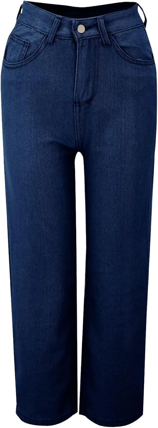 Women's Boyfriend Straight Leg Jeans High Rise Wide Leg Baggy Stretchy Denim Pants with Raw Hem Frayed Edge