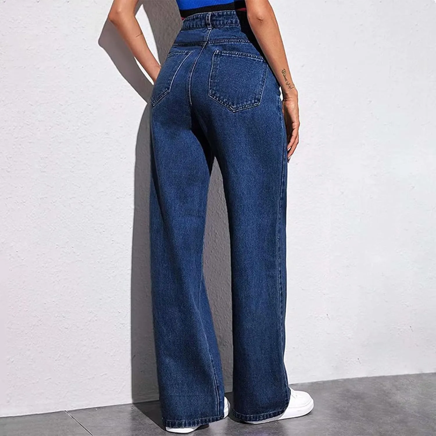 Women's Boyfriend Straight Leg Jeans High Rise Wide Leg Baggy Stretchy Denim Pants with Raw Hem Frayed Edge