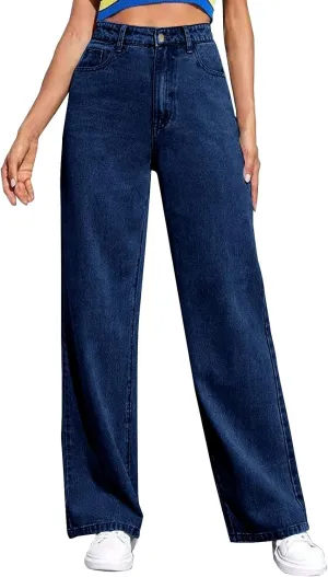 Women's Boyfriend Straight Leg Jeans High Rise Wide Leg Baggy Stretchy Denim Pants with Raw Hem Frayed Edge