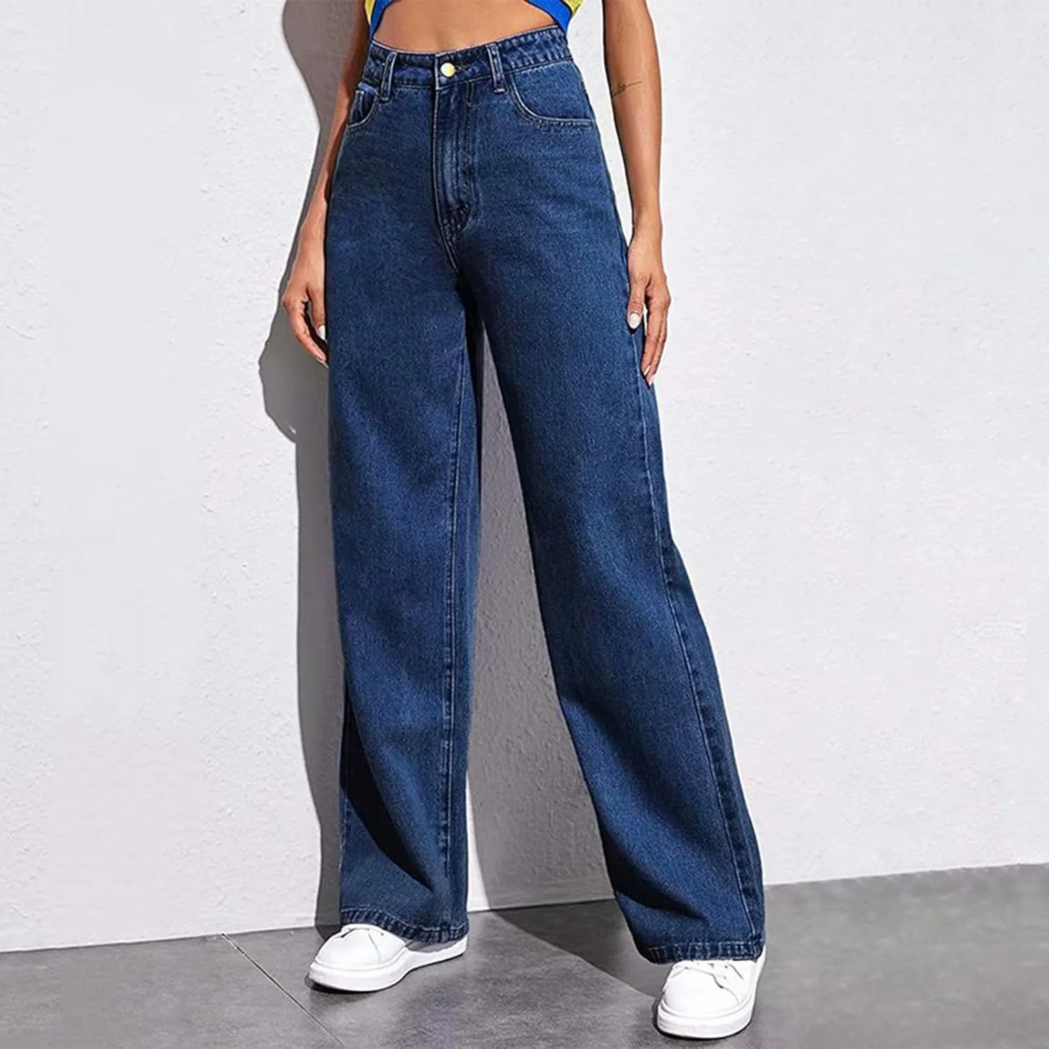 Women's Boyfriend Straight Leg Jeans High Rise Wide Leg Baggy Stretchy Denim Pants with Raw Hem Frayed Edge