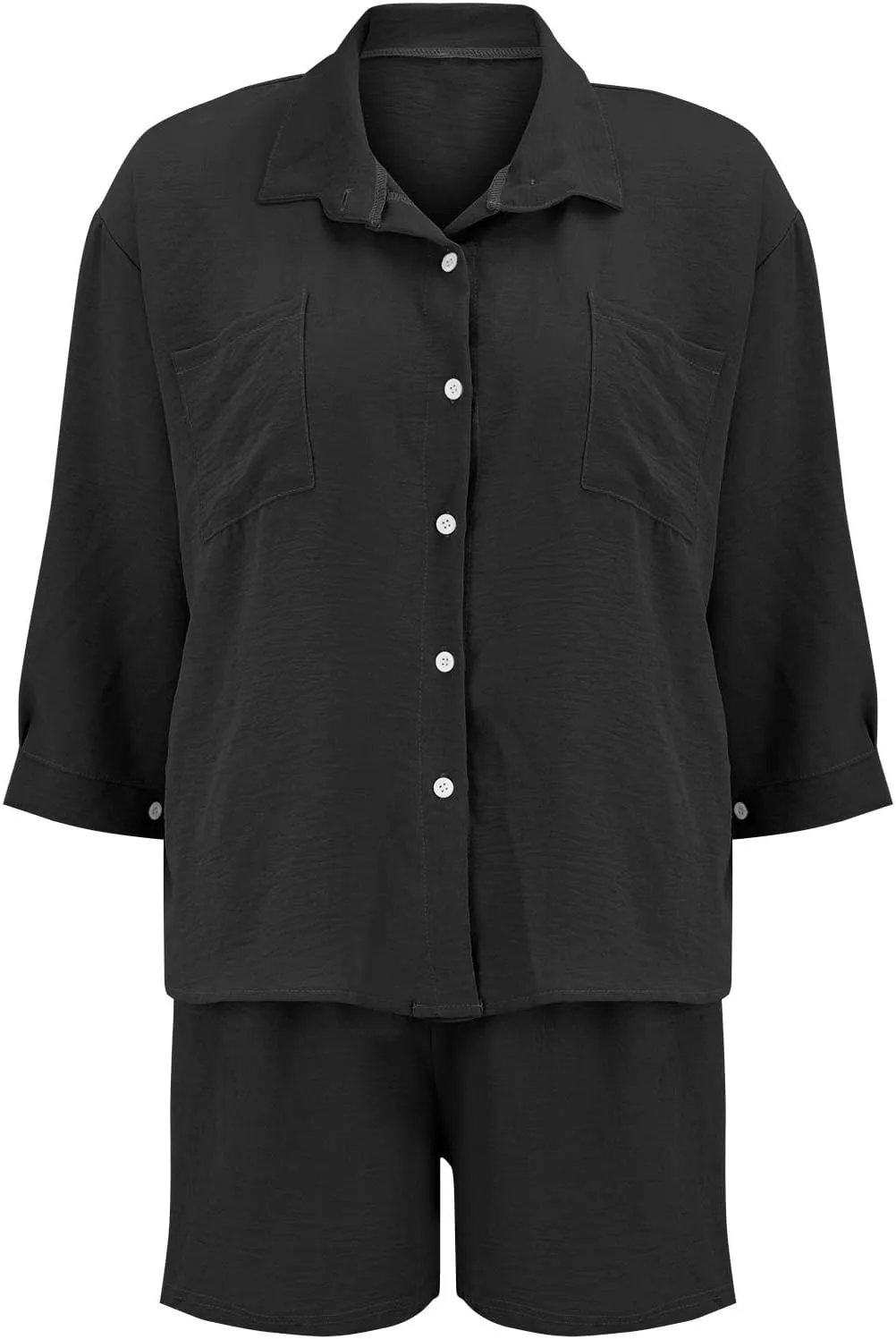 Womens Button Down Short Sleeve Shirts Summer Cotton Linen Top Blouses and High Waist Loose Pocket Shorts Jumpsuits
