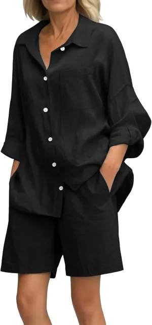 Womens Button Down Short Sleeve Shirts Summer Cotton Linen Top Blouses and High Waist Loose Pocket Shorts Jumpsuits