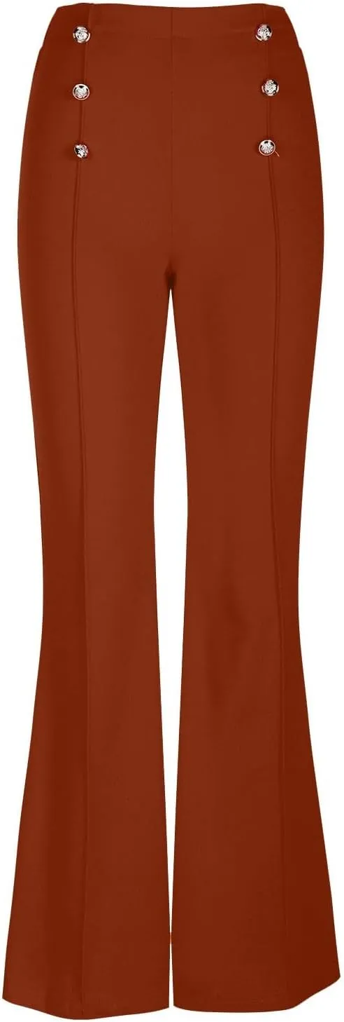 Womens Classy High Waist Double Breasted Flared Sailor Trousers Pants with Hide Zipper Tummy Button Wide Leg Pant