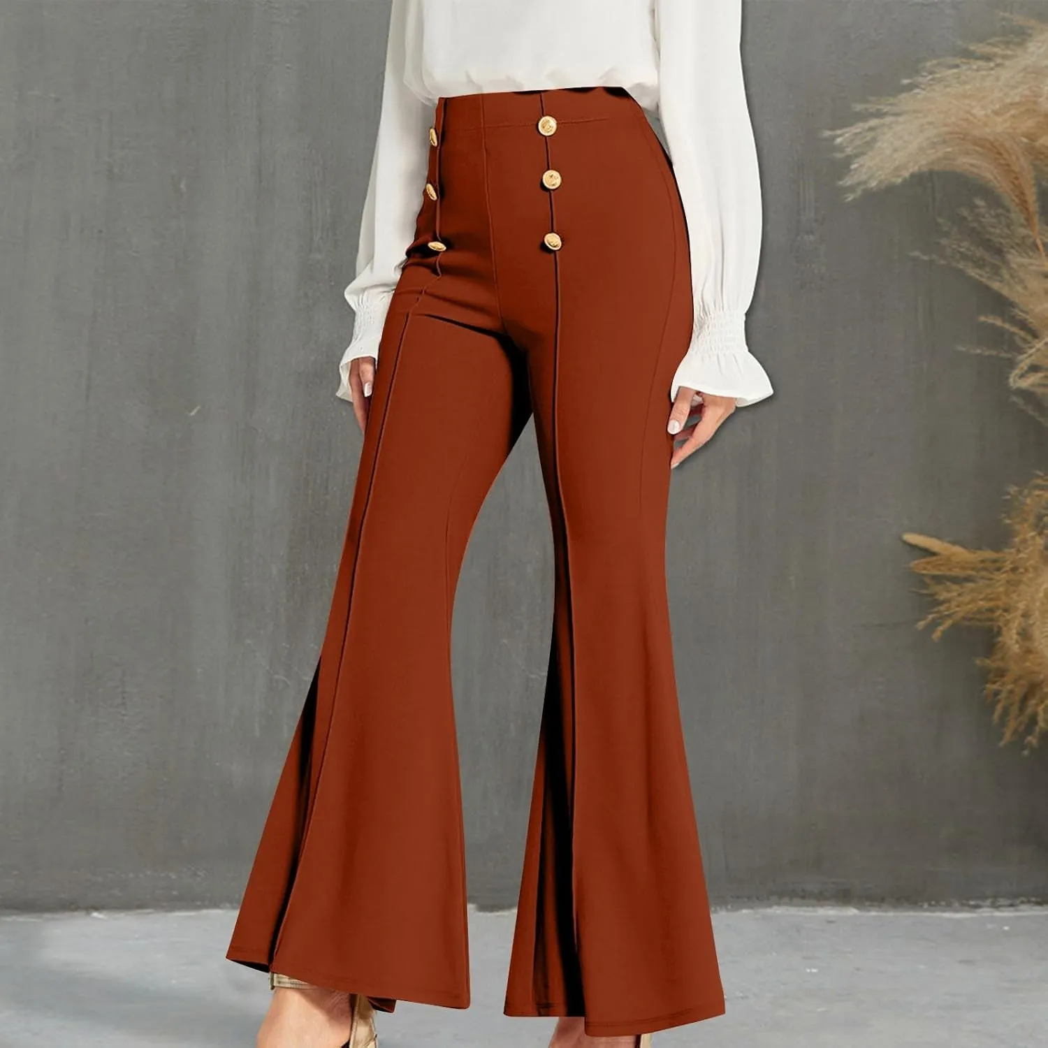 Womens Classy High Waist Double Breasted Flared Sailor Trousers Pants with Hide Zipper Tummy Button Wide Leg Pant