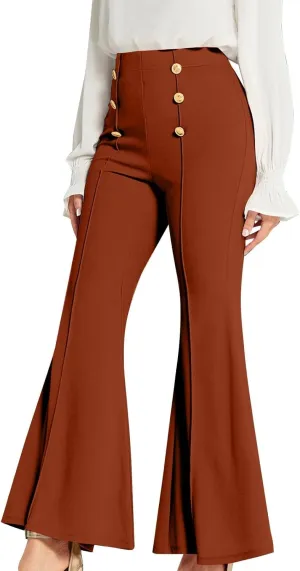 Womens Classy High Waist Double Breasted Flared Sailor Trousers Pants with Hide Zipper Tummy Button Wide Leg Pant