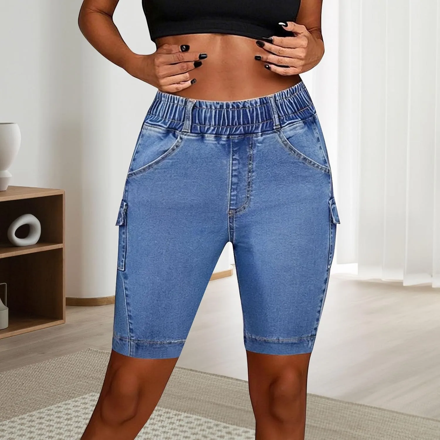 Womens Denim Shorts High Waisted Straigh Leg Summer Casual Jeans Shorts Lightweight Slim Fit Trendy Baggy Bermuda Shorts