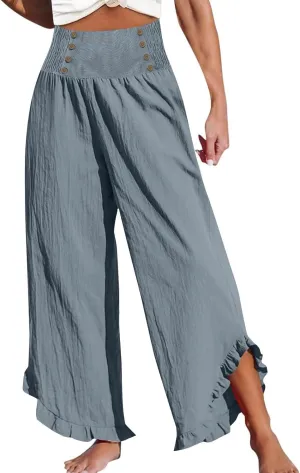 Womens Linen Capri Pants Smocked High Waisted Wide Leg Lounge Casual Trousers Hawaiian Summer Beach Pants with Pockets