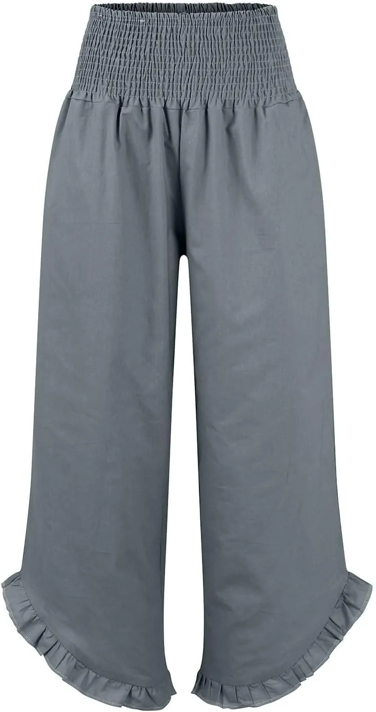 Womens Linen Capri Pants Smocked High Waisted Wide Leg Lounge Casual Trousers Hawaiian Summer Beach Pants with Pockets