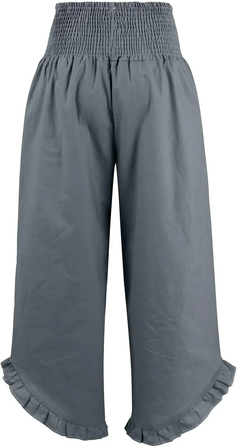 Womens Linen Capri Pants Smocked High Waisted Wide Leg Lounge Casual Trousers Hawaiian Summer Beach Pants with Pockets