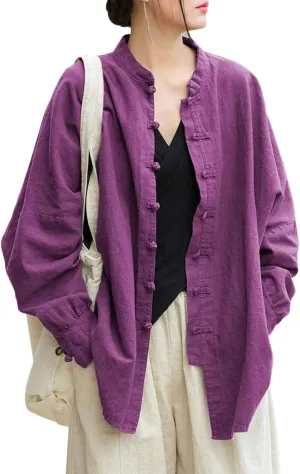 Women's Linen Oversized Blouses Vintage Long Sleeve Jackets Loose fit Chinese Frog Shirts
