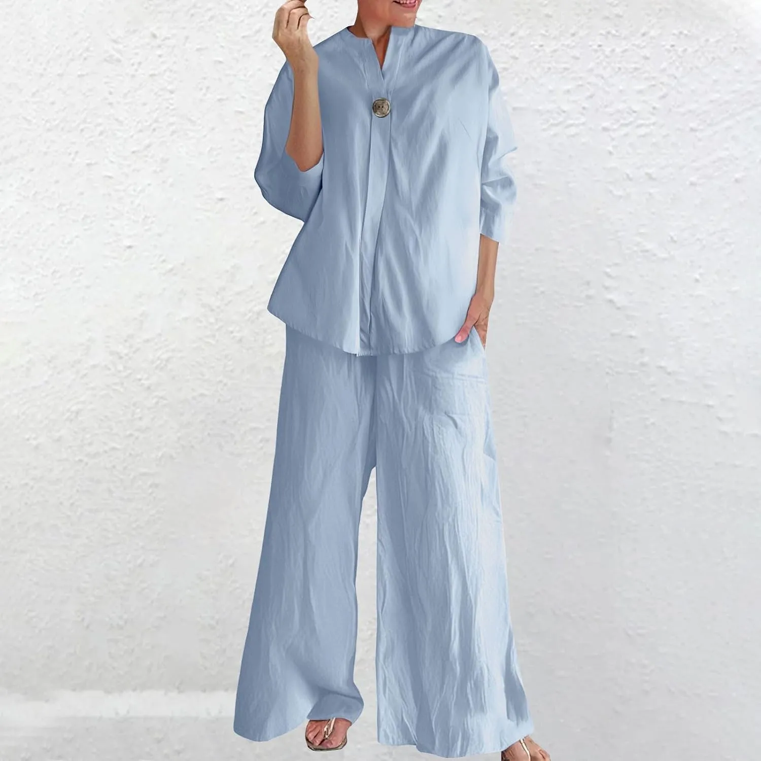 Women's Linen Shirt 3/4 Sleeves Button Down V Neck Solid Blouse and Capri Cotton Wide Leg Outfits