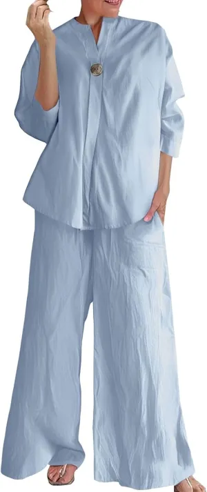 Women's Linen Shirt 3/4 Sleeves Button Down V Neck Solid Blouse and Capri Cotton Wide Leg Outfits