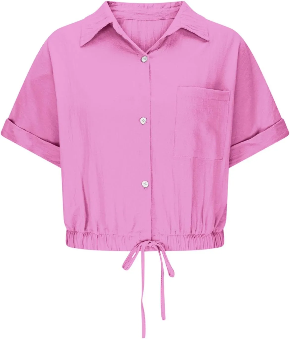 Women's Linen Shirts Y2k Short Sleeve Button Blouses Cinched-Hem Collared Crop Top Tunics with Pockets Shorts Outfits