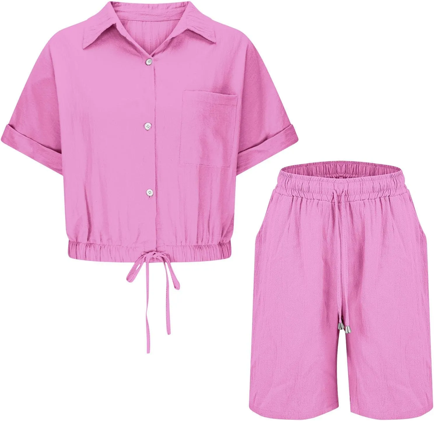 Women's Linen Shirts Y2k Short Sleeve Button Blouses Cinched-Hem Collared Crop Top Tunics with Pockets Shorts Outfits