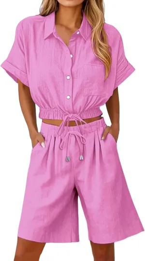 Women's Linen Shirts Y2k Short Sleeve Button Blouses Cinched-Hem Collared Crop Top Tunics with Pockets Shorts Outfits