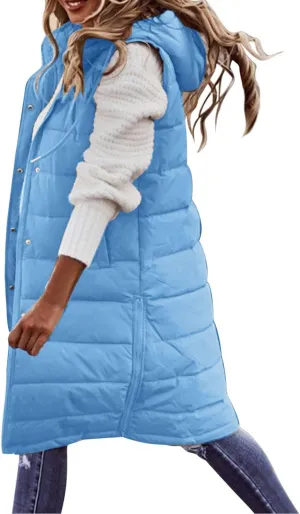 Womens Long Puffer Jacket Vest Warm Winter Coats Fashion Sleeveless Hooded Tanks Down Coat Full Zip Quilted Outwear