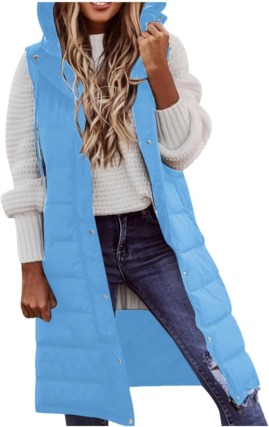 Womens Long Puffer Jacket Vest Warm Winter Coats Fashion Sleeveless Hooded Tanks Down Coat Full Zip Quilted Outwear