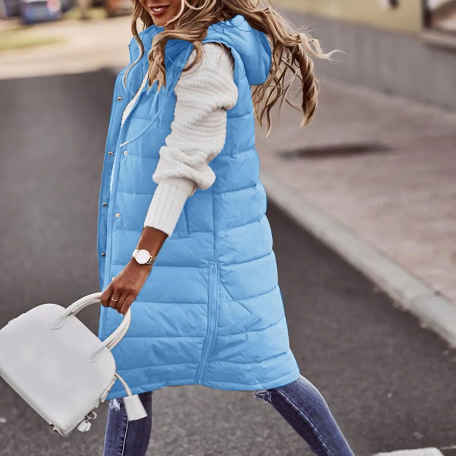 Womens Long Puffer Jacket Vest Warm Winter Coats Fashion Sleeveless Hooded Tanks Down Coat Full Zip Quilted Outwear