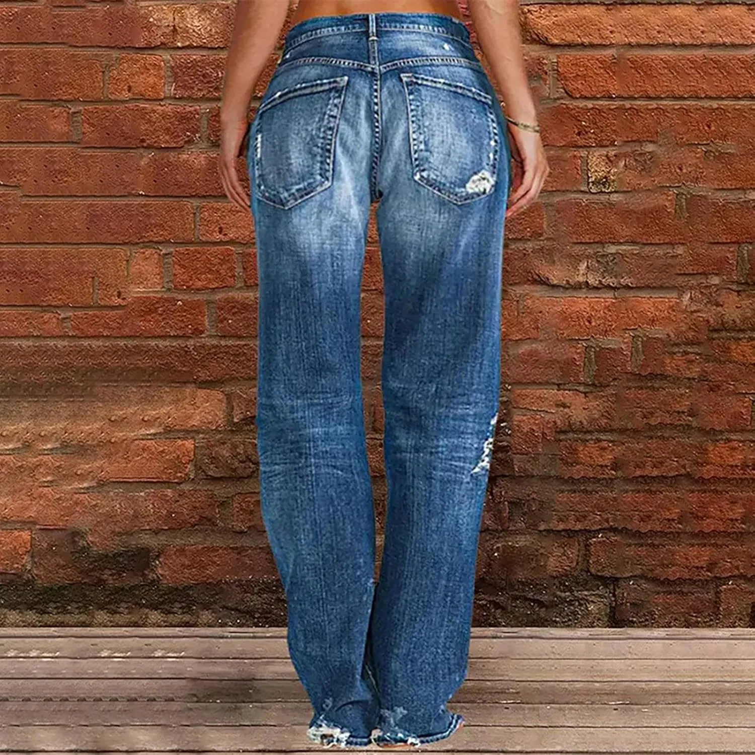 Womens Loose Distressed Jean Baggy Ripped Straight Leg Mid Waist Boyfriend Denim Pants