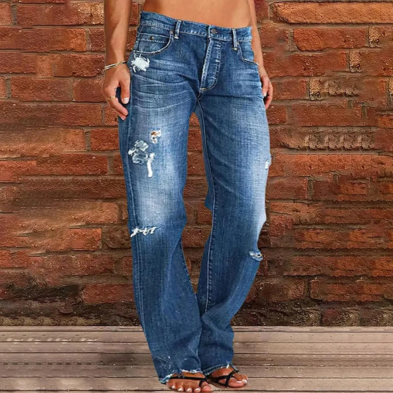Womens Loose Distressed Jean Baggy Ripped Straight Leg Mid Waist Boyfriend Denim Pants