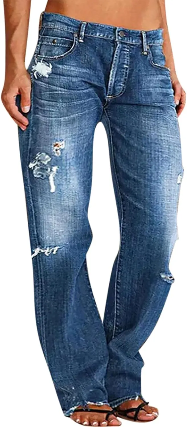 Womens Loose Distressed Jean Baggy Ripped Straight Leg Mid Waist Boyfriend Denim Pants