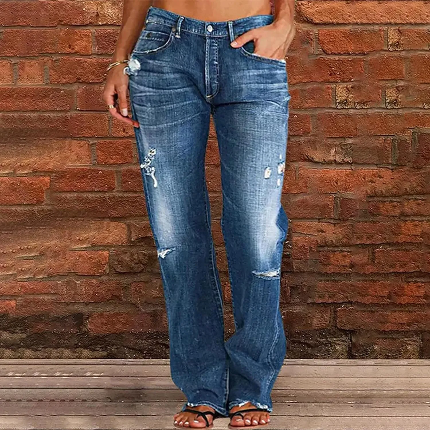 Womens Loose Distressed Jean Baggy Ripped Straight Leg Mid Waist Boyfriend Denim Pants