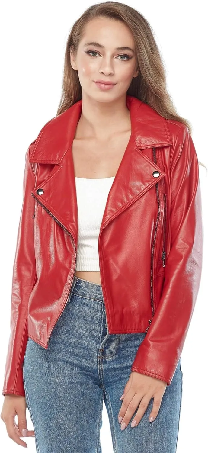 Women's Motorcycle Slimfit Zip-Up Lightweight Genuine Sheepskin Leather Red Jacket (Regular & Plus Size)